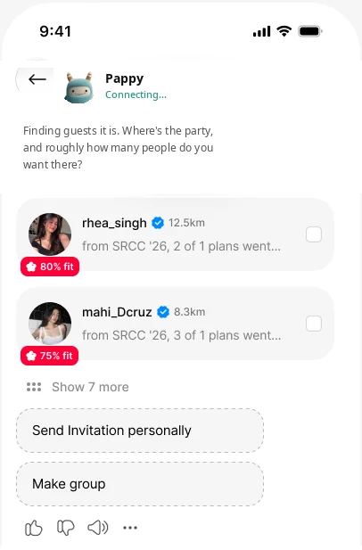 Pappy match list: rhea_singh, mahi_Dcruz, Send invitation personally, Make group